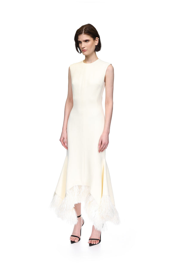 David Koma RAFFIA FRINGE AND FLOUNCE HEM MIDI DRESS CREAM