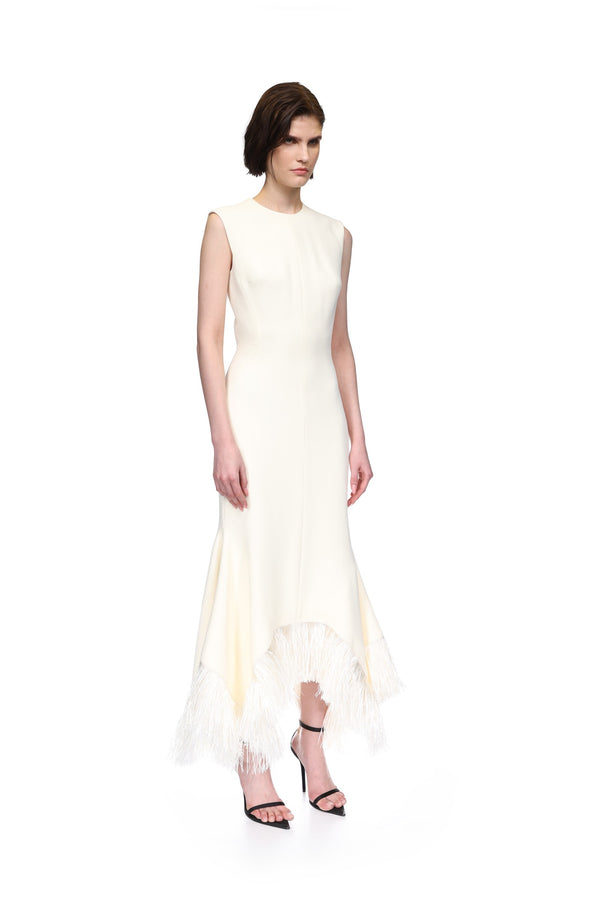 David Koma RAFFIA FRINGE AND FLOUNCE HEM MIDI DRESS CREAM