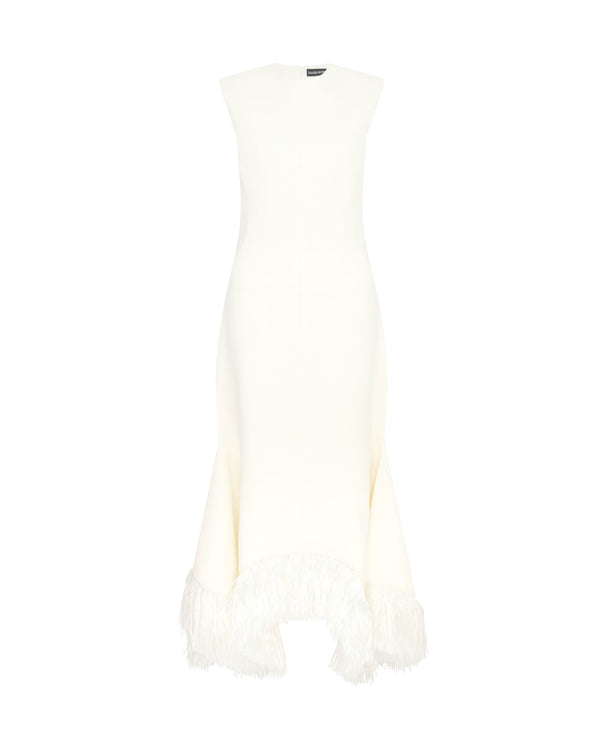 david koma RAFFIA FRINGE AND FLOUNCE HEM MIDI DRESS CREAM