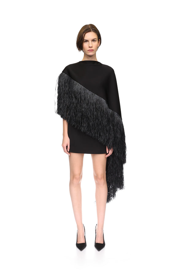 David Koma RAFFIA FRINGE CAPE DETAIL MINI DRESS BLACK