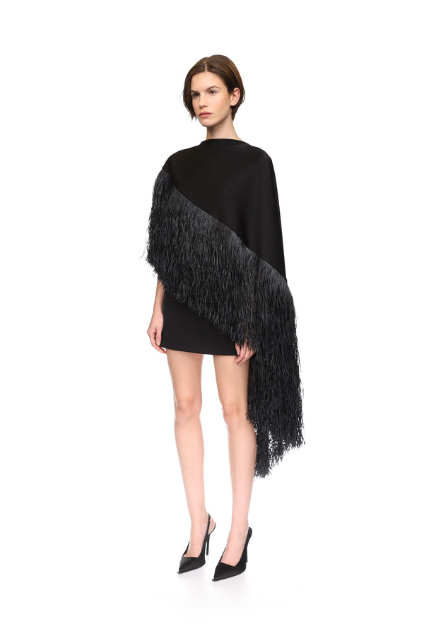David Koma RAFFIA FRINGE CAPE DETAIL MINI DRESS BLACK
