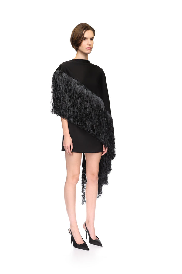 David Koma RAFFIA FRINGE CAPE DETAIL MINI DRESS BLACK