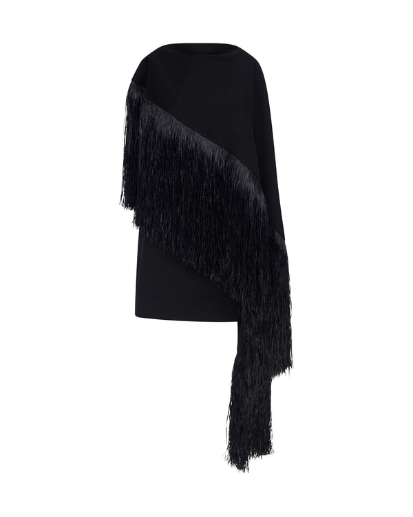 david koma RAFFIA FRINGE CAPE DETAIL MINI DRESS BLACK