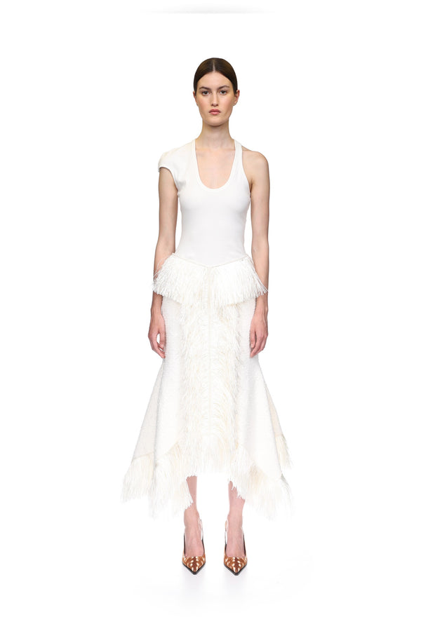 David Koma RAFFIA FRINGE TRIM AND BOUCLE MIDI SKIRT WHITE