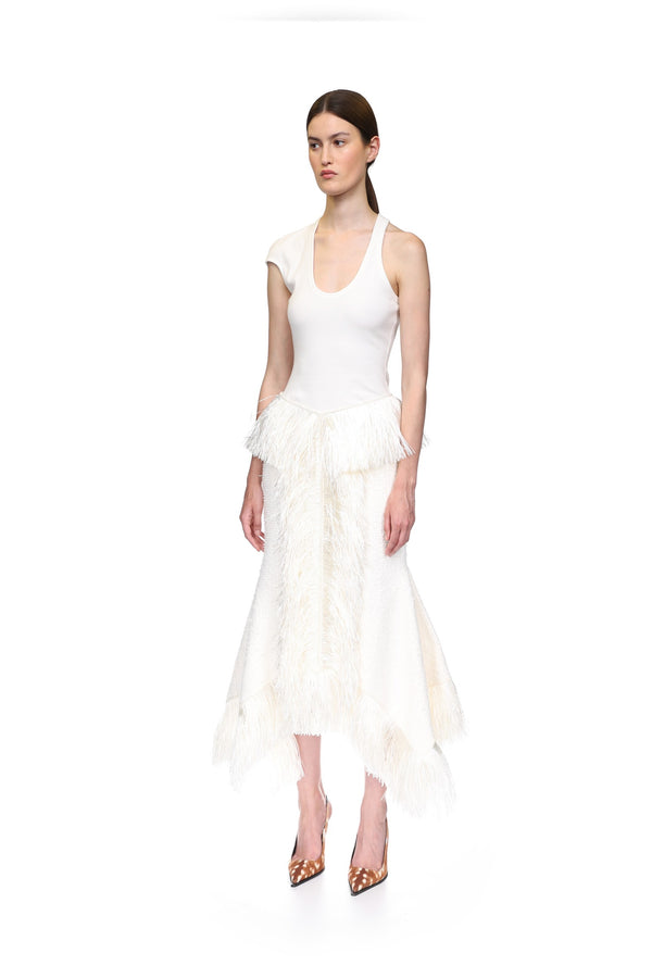 David Koma RAFFIA FRINGE TRIM AND BOUCLE MIDI SKIRT WHITE