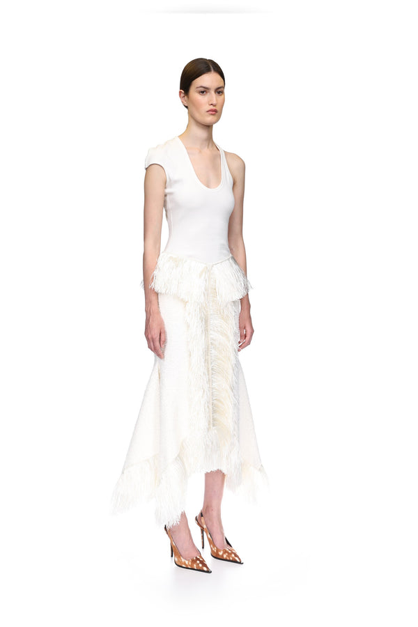 David Koma RAFFIA FRINGE TRIM AND BOUCLE MIDI SKIRT WHITE