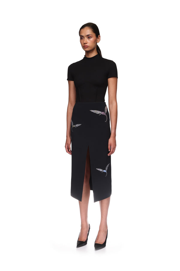 David Koma RHINESTONE HUMMINGBIRD MIDI SKIRT BLACK/SILVER
