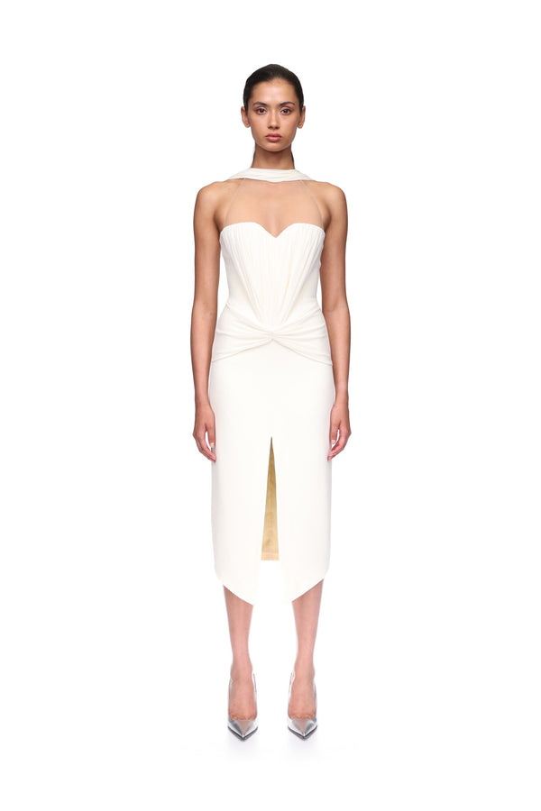 David Koma RUCHED TOP AND SCARF DETAIL MIDI DRESS OFF WHITE