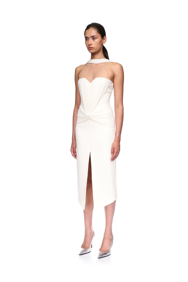 David Koma RUCHED TOP AND SCARF DETAIL MIDI DRESS OFF WHITE