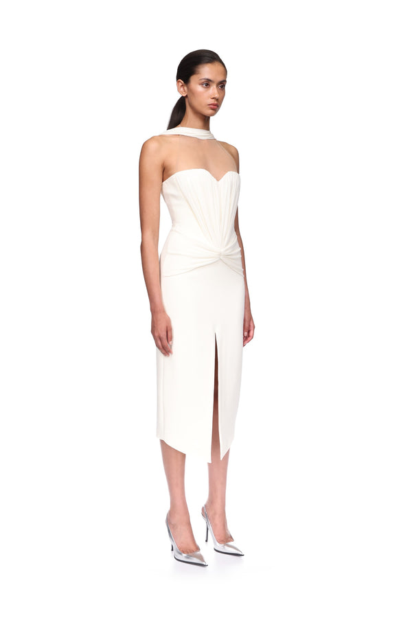 David Koma RUCHED TOP AND SCARF DETAIL MIDI DRESS OFF WHITE