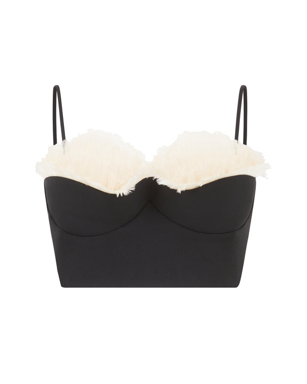 david koma RUFFLE AND FEATHER BALCONETTE BRA BLACK/OFF WHITE