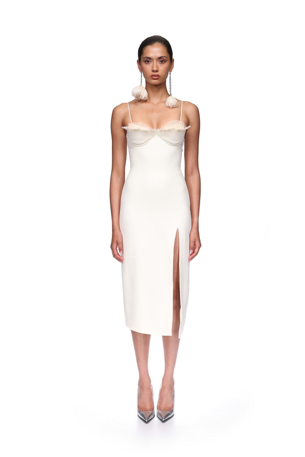 David Koma RUFFLE&FEATHER BALCONETTE BRA OPEN LEG MIDI DRESS OFF WHITE/OFF WHITE