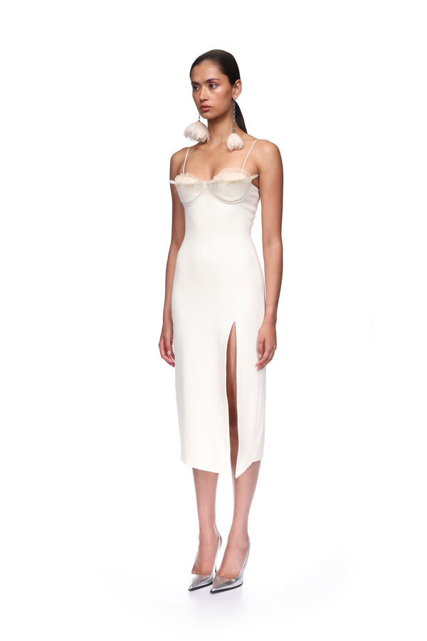 David Koma RUFFLE&FEATHER BALCONETTE BRA OPEN LEG MIDI DRESS OFF WHITE/OFF WHITE