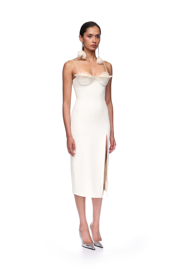 David Koma RUFFLE&FEATHER BALCONETTE BRA OPEN LEG MIDI DRESS OFF WHITE/OFF WHITE