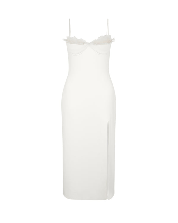 david koma RUFFLE&FEATHER BALCONETTE BRA OPEN LEG MIDI DRESS OFF WHITE/OFF WHITE