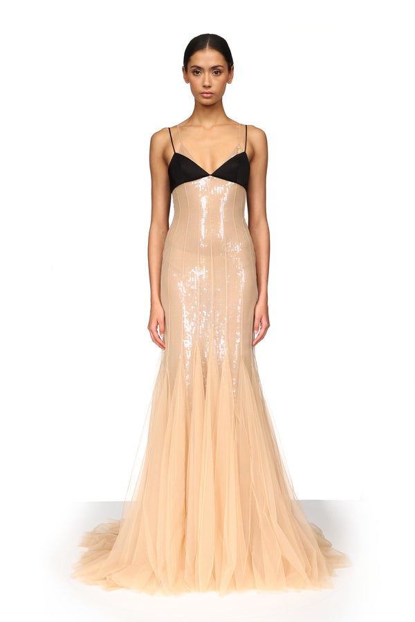 David Koma SATIN BRA AND SEQUIN UNDERLAY TULLE GOWN BEIGE/BLACK
