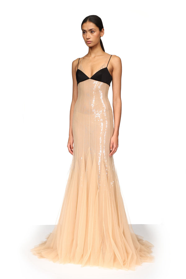 David Koma SATIN BRA AND SEQUIN UNDERLAY TULLE GOWN BEIGE/BLACK