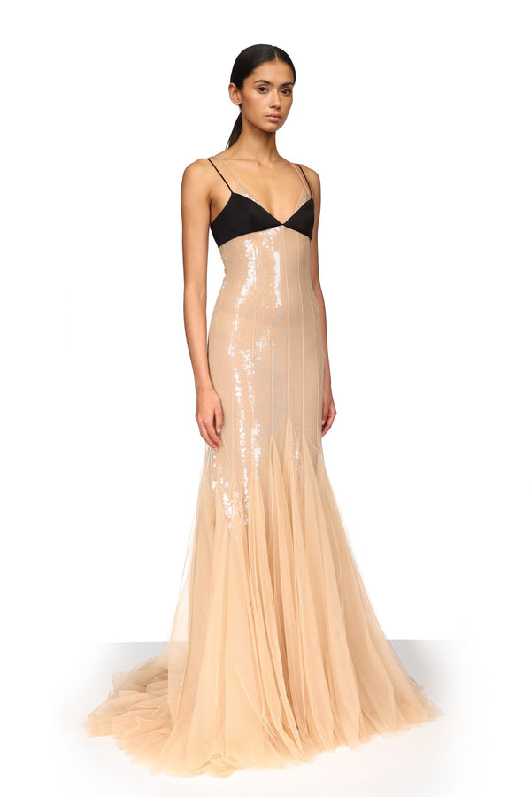 David Koma SATIN BRA AND SEQUIN UNDERLAY TULLE GOWN BEIGE/BLACK