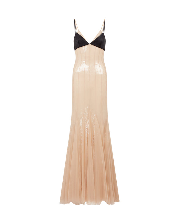 david koma SATIN BRA AND SEQUIN UNDERLAY TULLE GOWN BEIGE/BLACK
