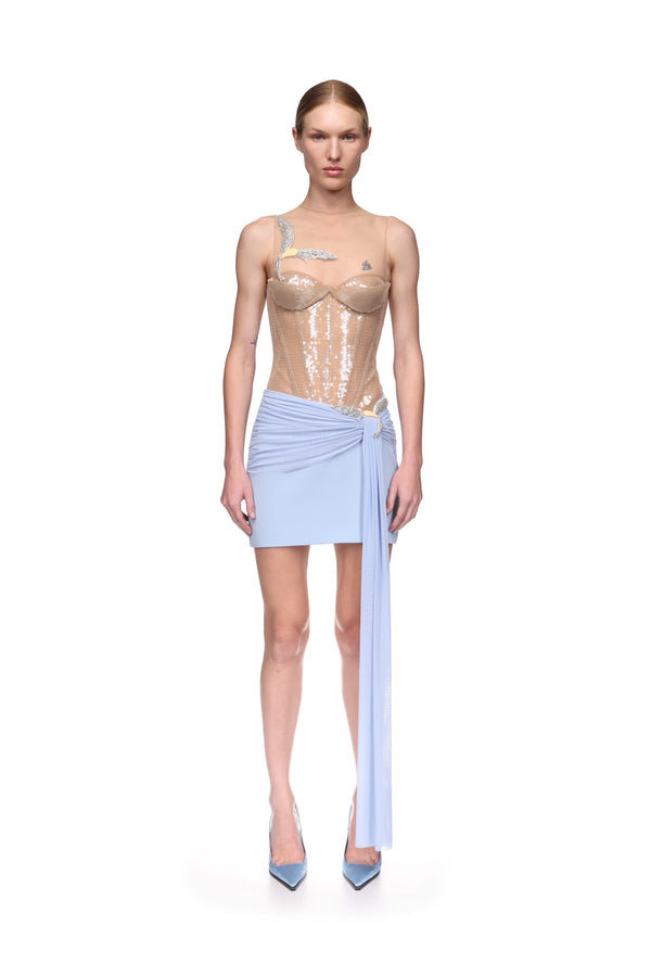 David Koma SEQUIN CORSET TOP WITH A CRYSTAL HUMMINGBIRD BEIGE/PEACH/SILVER