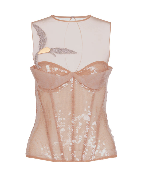 david koma SEQUIN CORSET TOP WITH A CRYSTAL HUMMINGBIRD BEIGE/PEACH/SILVER