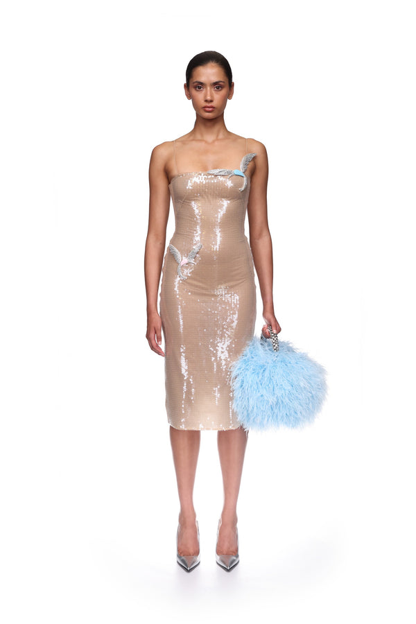 David Koma SEQUIN MIDI DRESS WITH CRYSTAL HUMMINGBIRDS BEIGE/SILVER