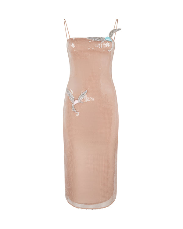 david koma SEQUIN MIDI DRESS WITH CRYSTAL HUMMINGBIRDS BEIGE/SILVER