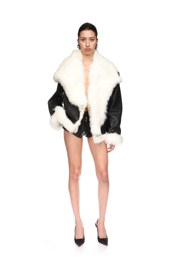 David Koma SHEARLING COLLAR BIKER JACKET BLACK/WHITE