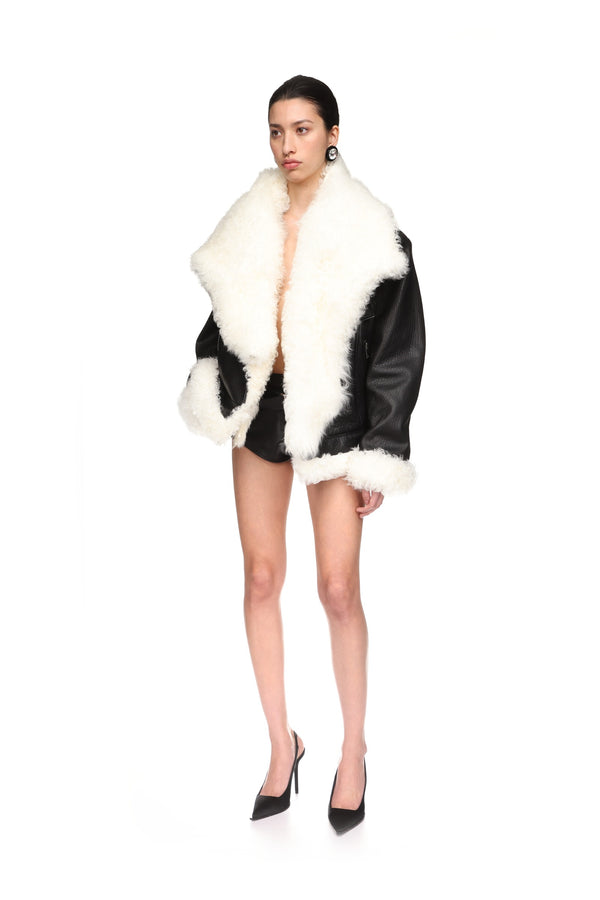 David Koma SHEARLING COLLAR BIKER JACKET BLACK/WHITE