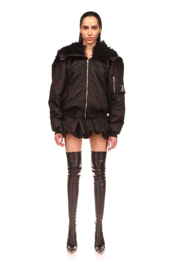 David Koma SHEARLING COLLAR BOMBER JACKET BLACK/BLACK