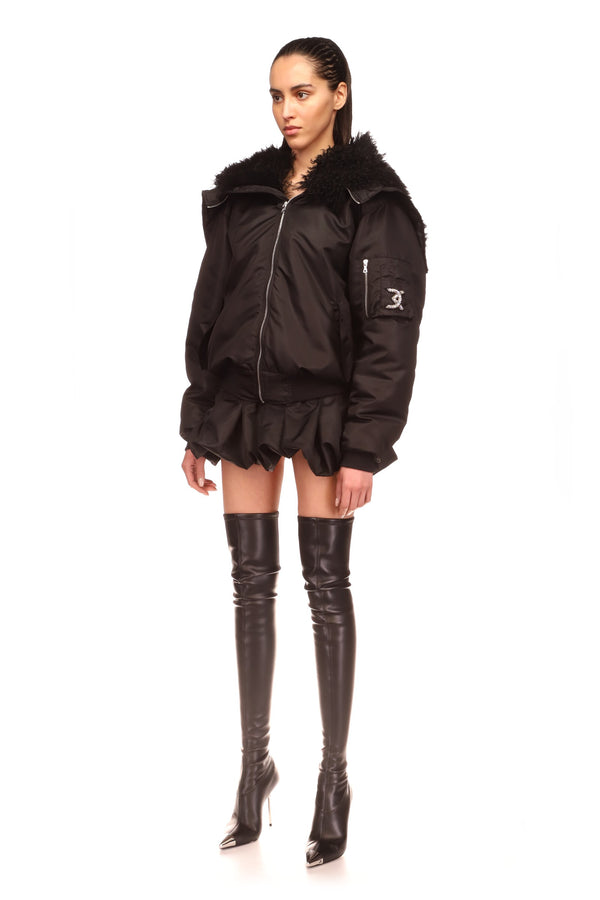 David Koma SHEARLING COLLAR BOMBER JACKET BLACK/BLACK