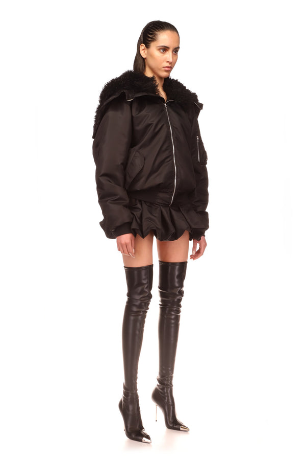 David Koma SHEARLING COLLAR BOMBER JACKET BLACK/BLACK