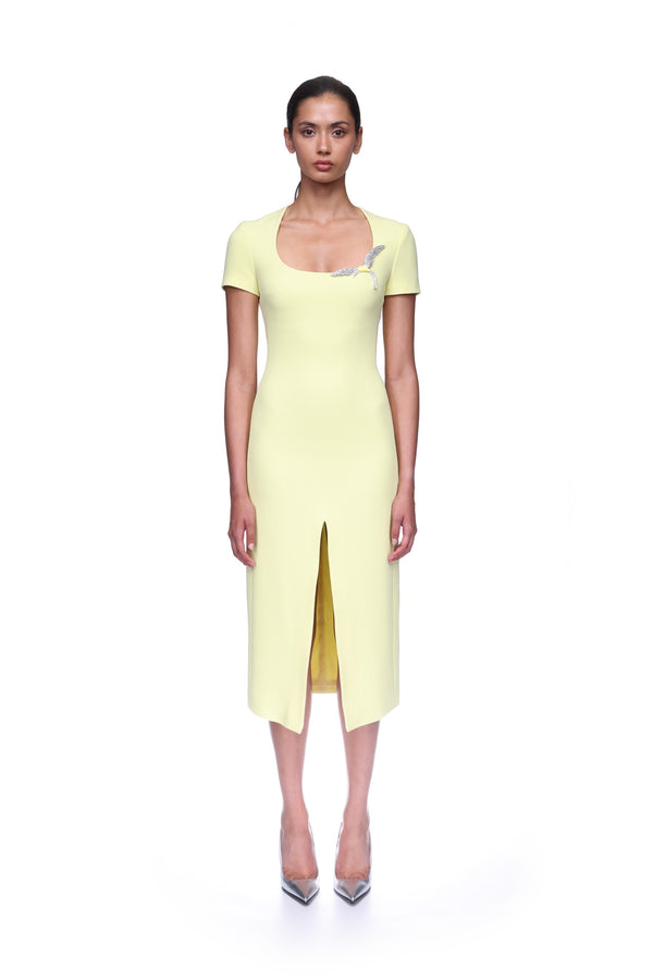 David Koma SHORT SLEEVE CRYSTAL HUMMINGBIRD MIDI DRESS YELLOW/YELLOW/SILVER