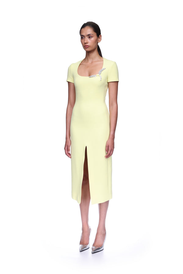 David Koma SHORT SLEEVE CRYSTAL HUMMINGBIRD MIDI DRESS YELLOW/YELLOW/SILVER
