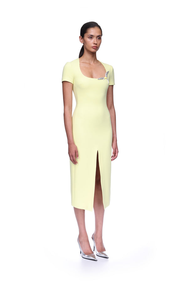 David Koma SHORT SLEEVE CRYSTAL HUMMINGBIRD MIDI DRESS YELLOW/YELLOW/SILVER