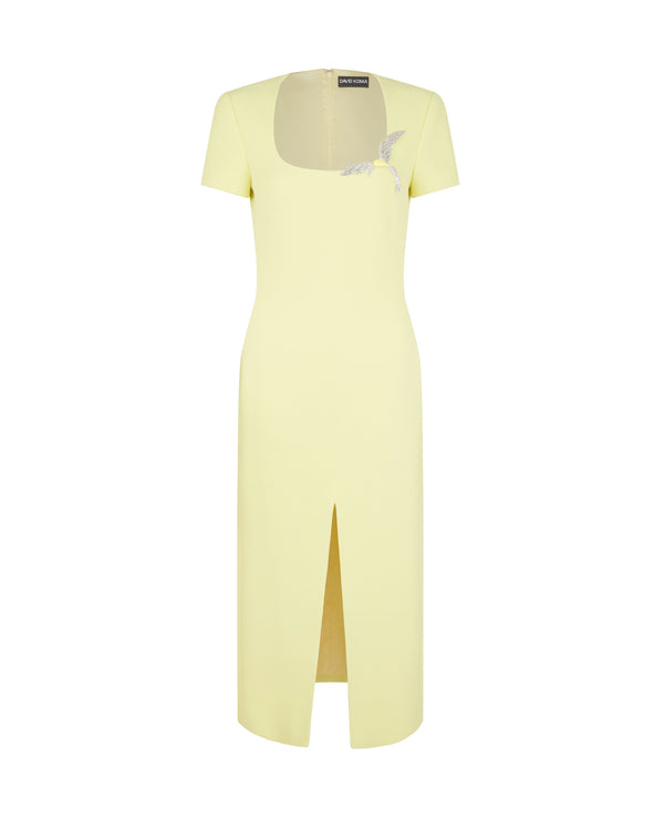 david koma SHORT SLEEVE CRYSTAL HUMMINGBIRD MIDI DRESS YELLOW/YELLOW/SILVER