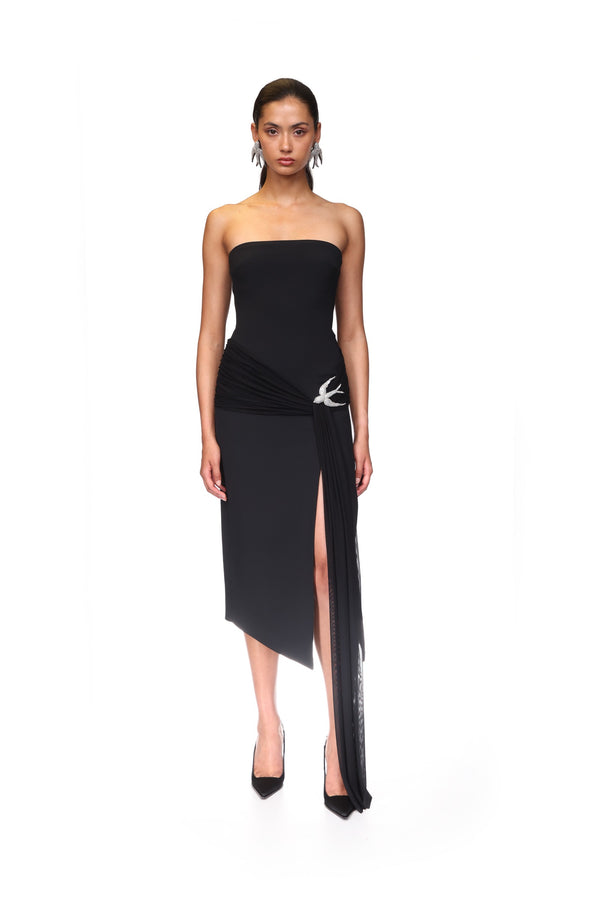 David Koma SLEEVELESS MIDI DRESS WITH CRYSTAL HUMMINGBIRD BLACK/SILVER