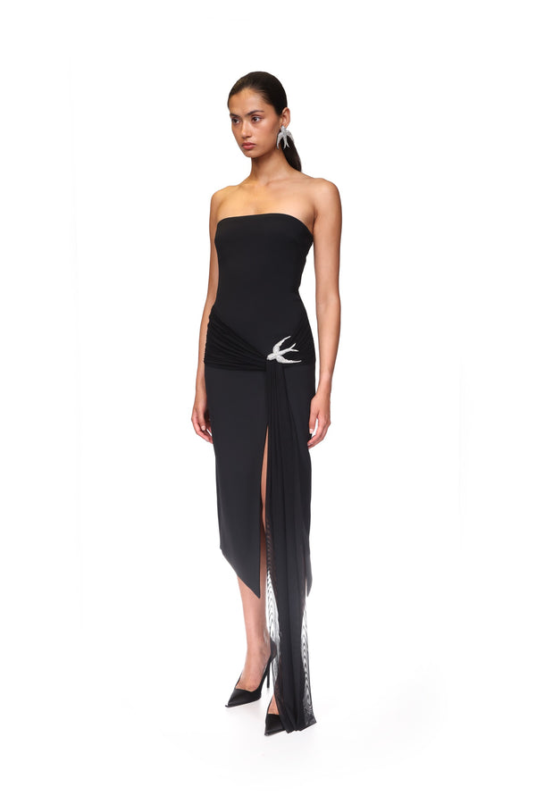 David Koma SLEEVELESS MIDI DRESS WITH CRYSTAL HUMMINGBIRD BLACK/SILVER