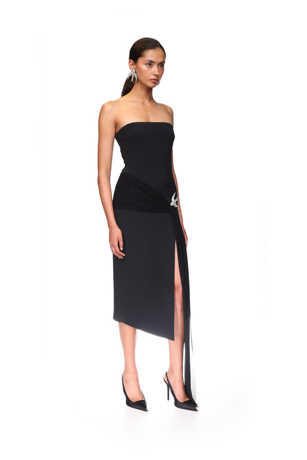 David Koma SLEEVELESS MIDI DRESS WITH CRYSTAL HUMMINGBIRD BLACK/SILVER