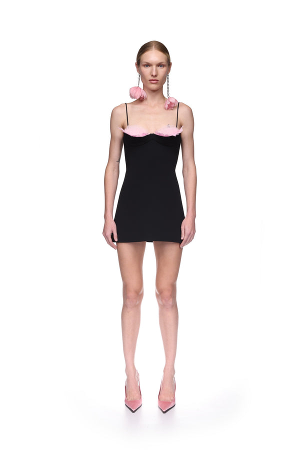 David Koma TULLE RUFFLE AND FEATHER BRA MINI DRESS BLACK/PINK