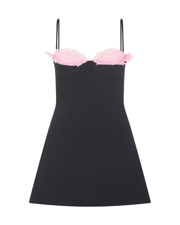 david koma TULLE RUFFLE AND FEATHER BRA MINI DRESS BLACK/PINK
