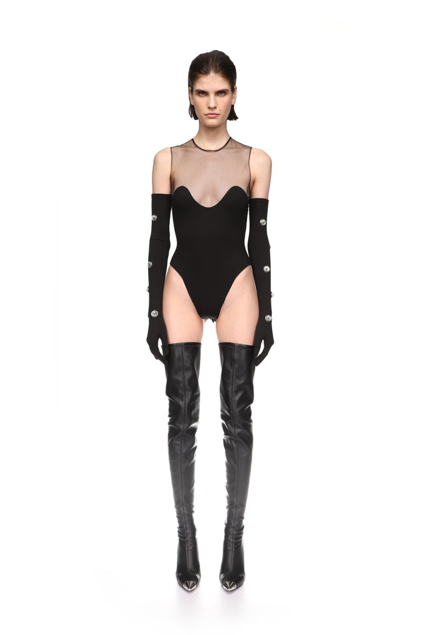 David Koma WAVE NECKLINE AND TULLE BODYSUIT IN BLACK BLACK