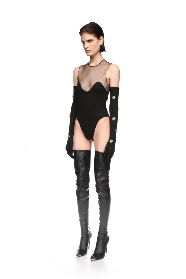 David Koma WAVE NECKLINE AND TULLE BODYSUIT IN BLACK BLACK