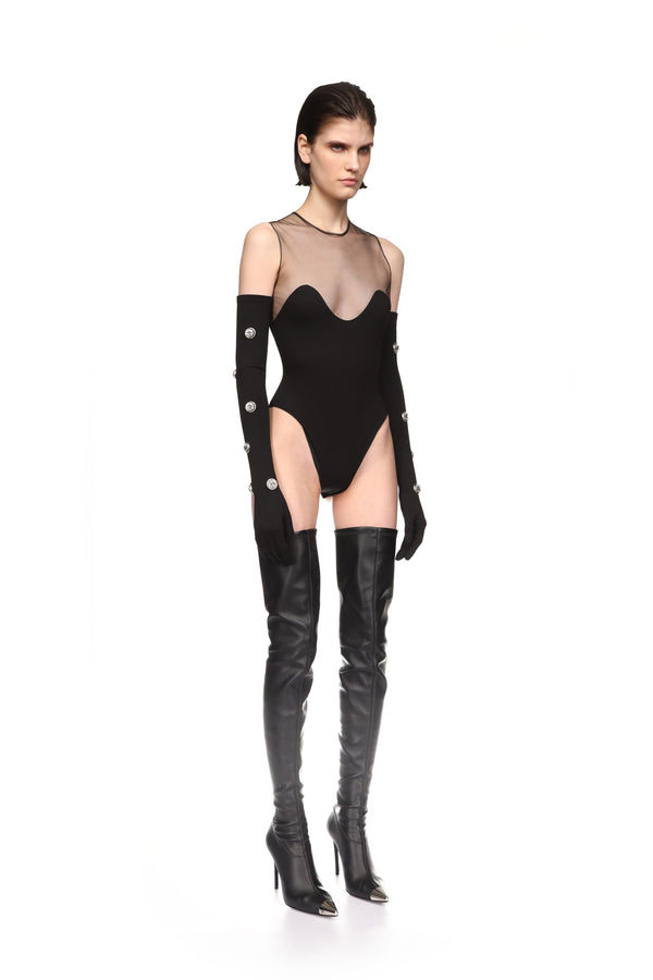David Koma WAVE NECKLINE AND TULLE BODYSUIT IN BLACK BLACK