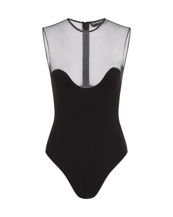 david koma WAVE NECKLINE AND TULLE BODYSUIT IN BLACK BLACK
