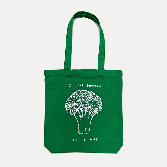 david shrigley David Shrigley Tote Bags - I Love Broccoli in Organic Green Canvas