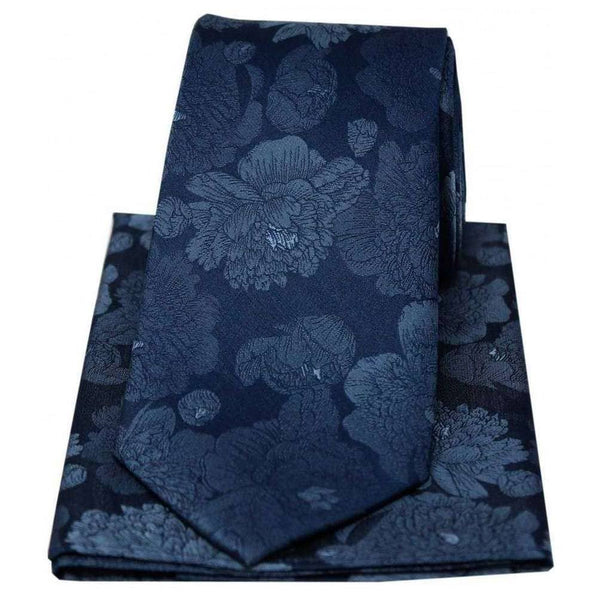 david van hagen Blue Large Flowers Silk Tie and Hanky Set