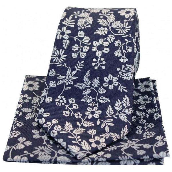 david van hagen Navy Flowers Silk Tie and Hanky Set