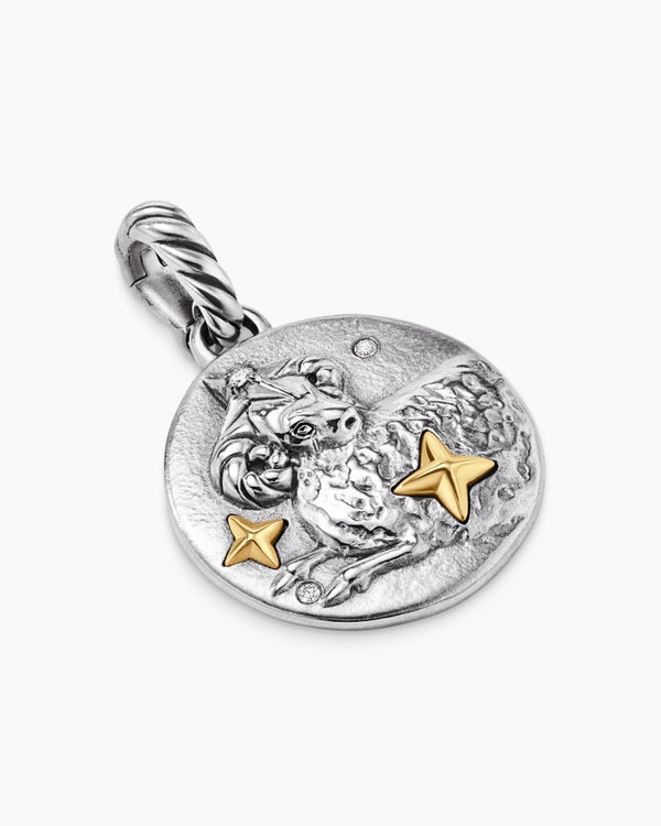 David Van Hagen Aries Amulet Sterling Silver With 18K Yellow Gold And Diamonds 19mm