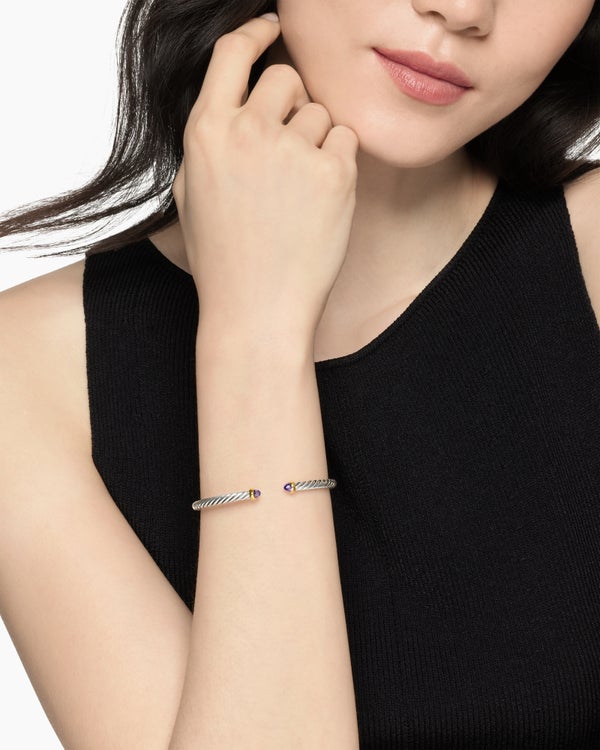 David Van Hagen Cable Flex Bracelet Sterling Silver With 14K Yellow Gold And Amethyst 4mm